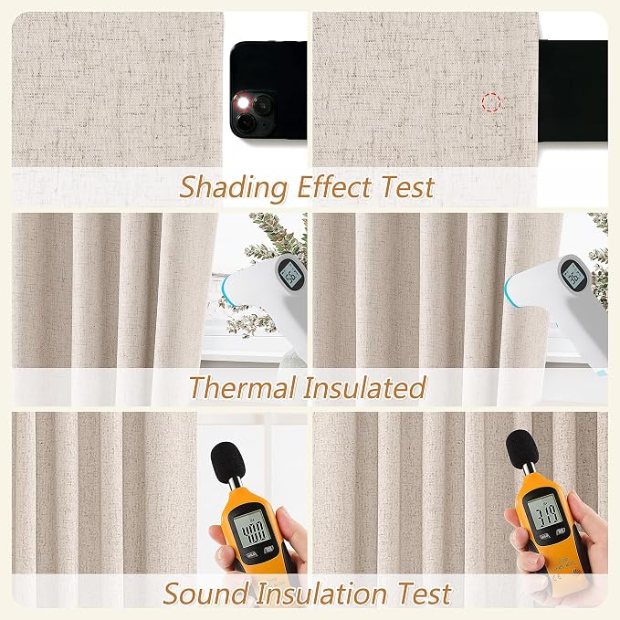 Guken Oatmeal 100% Blackout Linen Curtains 63 Inch Length 2 Panels Set for Living Room Bedroom Back Tab Thermal Insulated Black Out Drapes Room Darkening Farmhouse Window Curtains 63 Inches Long