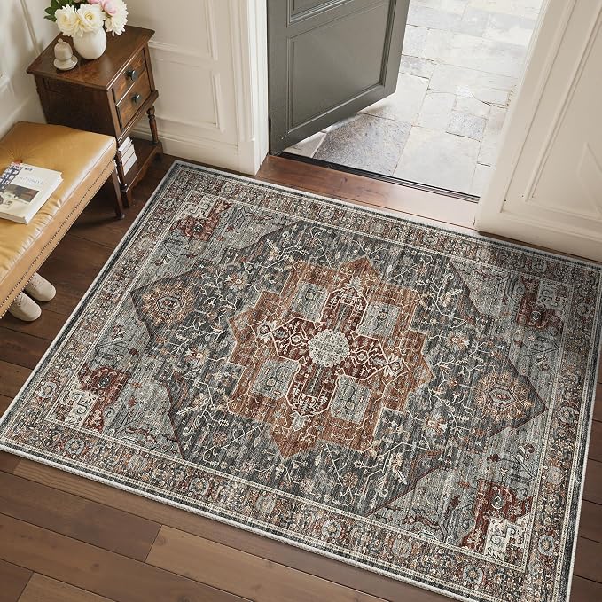 Roxstand 4x6 Washable Area Rugs, Vintage Non Slip Rug Grey/Brown/Tan | Low Pile Vintage Stain Resistant Rug, Non-Shedding Design, Pet & Kid Friendly, Carpet for Living Room, Bedroom, Dining Room