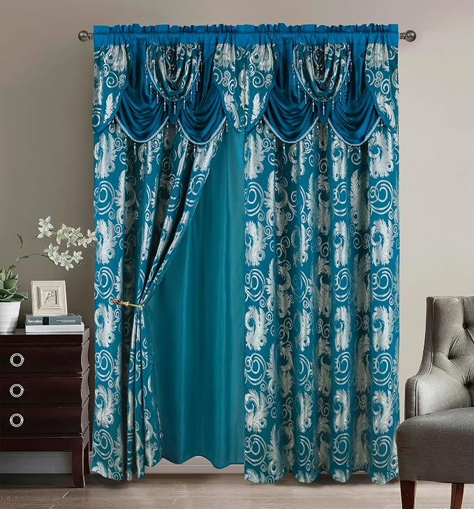 GLORY RUGS Jacquard Luxury Window 2 Panel Set Turquoise Curtain with Attached Valance and Backing Bedroom Living Room Dining 2 Curtains 55x84 inches Each Jana