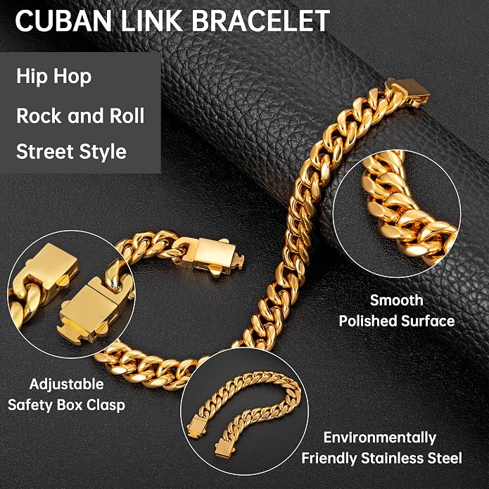 murtoo Mens Cuban Link Chain Bracelet, 6/8/12MM Stainless Steel Bracelets for Men Silver Black Gold, Hip Hop Link Bracelet with Detachable Clasp Gift for Men Him