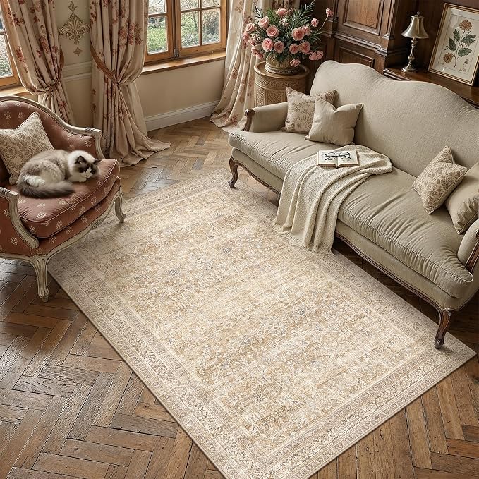 4x6 Beige Neutral Retro Area Rug | Washable, Low Pile, Floral, Soft, Non Slip, Carpet for Living Room Bedroom Dining Room Nursery Office Indoor Home Decor