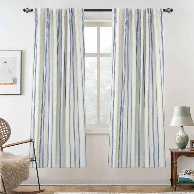 DriftAway Farmhouse Stripe Blackout Curtains, W52xL72, Navy | Blackout, Linen Texture, Stripe Pattern, Rod Pocket & Back Tab, Two Layers, Bedroom Living Room Use, Sound Reducing Design