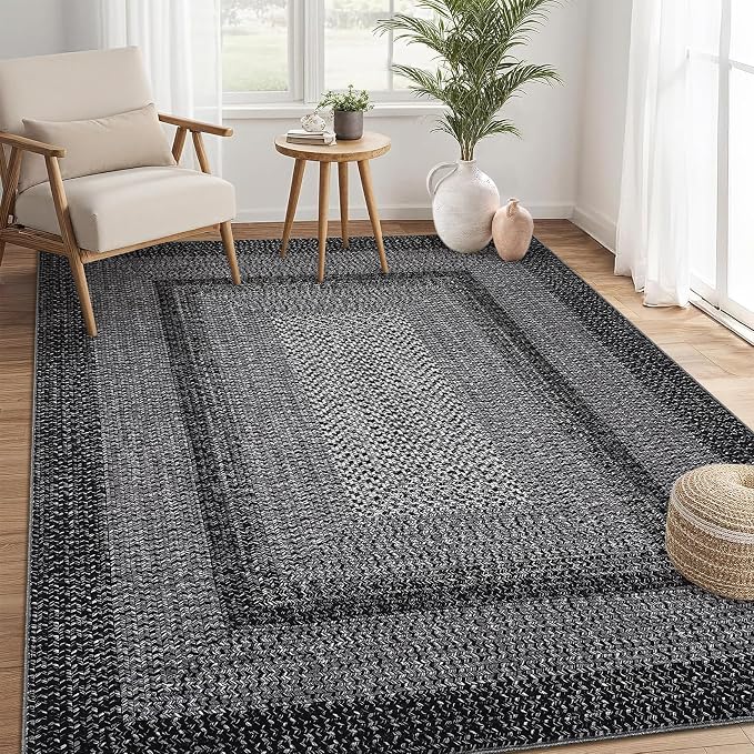 9x12 Living Room Rug Large Washable Rug Non Slip Boho Accent Braided Print Carpet Indoor Throw Floor Cover Farmhouse Rustic Area Rug Bohemian Border Carpet for Bedroom Home Decor, Black