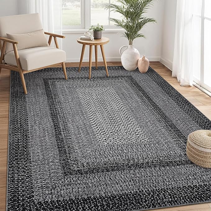 RUGSREAL 8x10 Washable Area Rug for Living Room with Rubber Backing Boho Rug Stain Resistant Large Bedroom Throw Carpet Modern Geometric Floor Cover Bohemian Border Rug for Home Decor Office, Black