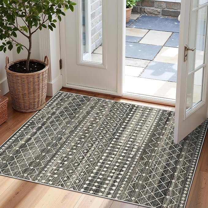 Miukiki 2x3 Entryway Rug Moroccan Washable Non Slip Indoor Floor Carpet Foldable Thin Rug for Dining Room Bedroom with Low Pile(Black,2'x3')
