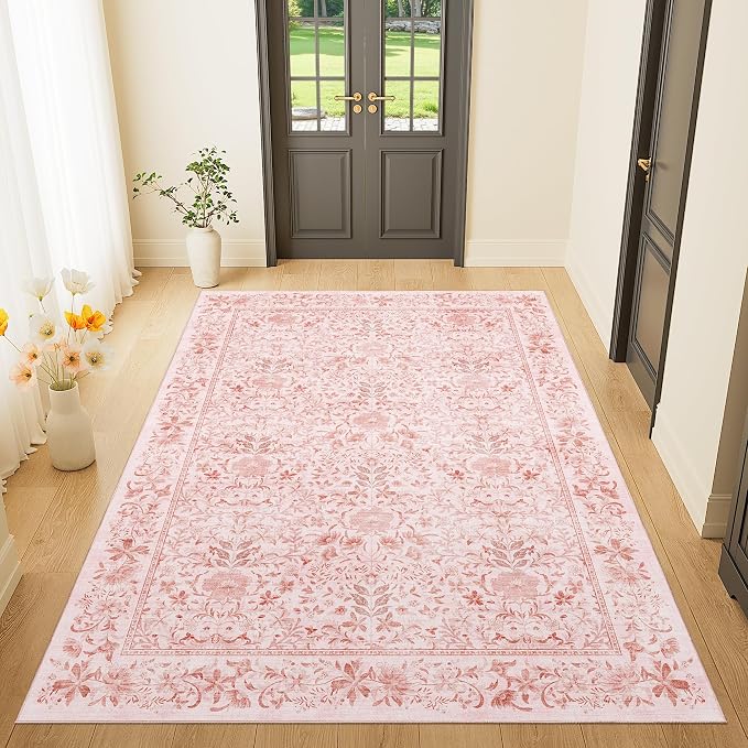 DUKINO 4x6 Rug for Living Room, Washable Vintage Floral Area Rug, Pink | Non Slip, Low Pile, Non-Shedding, Aesthetic Lightweight Soft Indoor Carpet for Bedroom Kitchen Bathroom Entryway Farmhouse