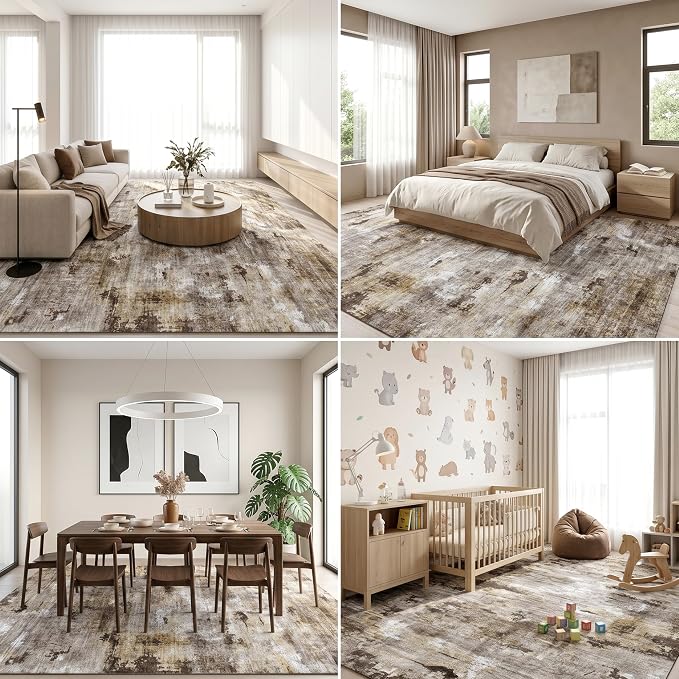 Washable Area Rug, Vacuum Friendly, Pet Friendly, Water & Stain Resistant, 0.3" Low Pile, Non-Slip Backing, for Hardwood Floors Living Room Bedroom Dining Room, 9'x12', Neutral Taupe