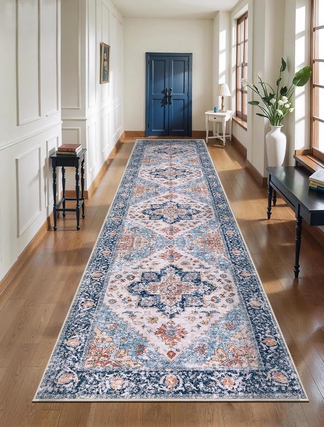SERISSA Runner Rug for Hallways, 3x12 Washable Non Slip Kitchen Runner Rug, Extra Long Boho Rug Ultra Soft Vintage Blue Orange Print Floor Carpet for Bedroom Hallway Entryway Bathroom Laundry Room