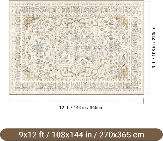 Area Rugs for Living Room - 9x12, Boho Non-Slip Low Pile Carpet Machine Washable Rugs for Bedroom Office, Dining Room (Beige)