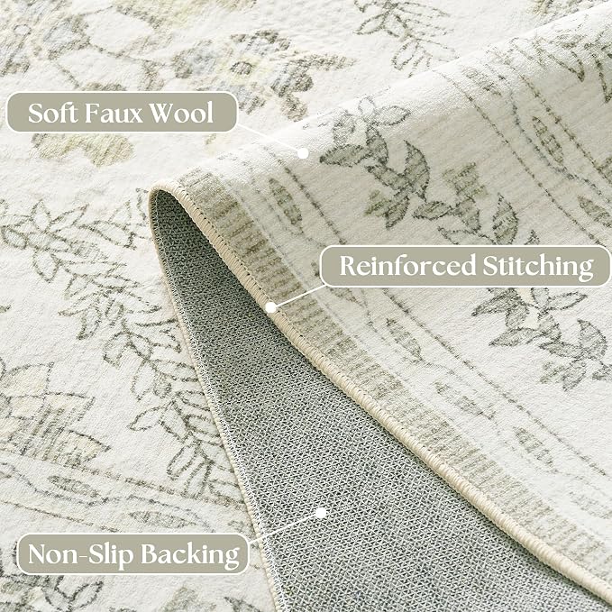 Sage Green Rugs for Bedroom 6x9 Area Rug for Living Room Machine Washable Light Green Cream Beige Printed Non-Slip Vintage Floral Distressed Indoor Boho Farmhouse Carpet for Dining Room Home