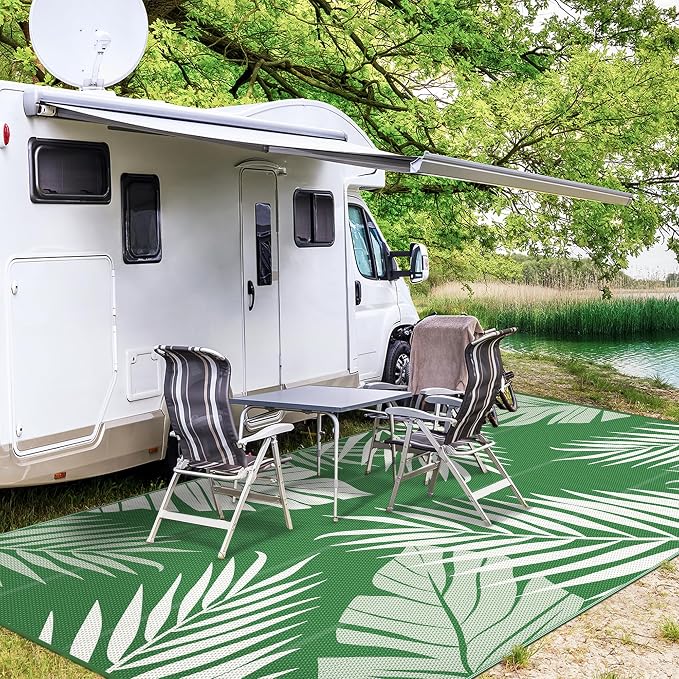 GENIMO Outdoor Rug, Waterproof Plastic Rugs 10'x14' for Camping Dark Green | Outside Larger Leaf Carpet Mat for Porch Decor, Deck, Camping, RV, Backyard, Balcony, Picnic, Beach, Reversible, Foldable