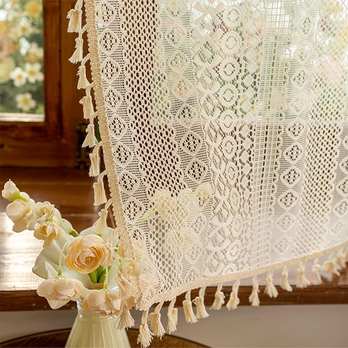 Sutuo Home Beige Boho Kitchen Curtains 54 inches long, Cottagecore Sheer Lace Curtains for Nursery Privacy Crochet Light Filtering Vintage Chic Tassels Bohemian Window Drape Rod Pocket, 2 Panels 50" W