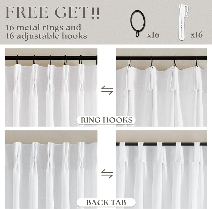 Pinch Pleated Linen Curtains 108 Inches Long 2 Panels Set for Living Room Bedroom Farmhouse Snow White Cotton Linen Blend Back Tab Pinch Pleat Drapes Ceiling Floor Extra Long Window Curtains 9 Ft