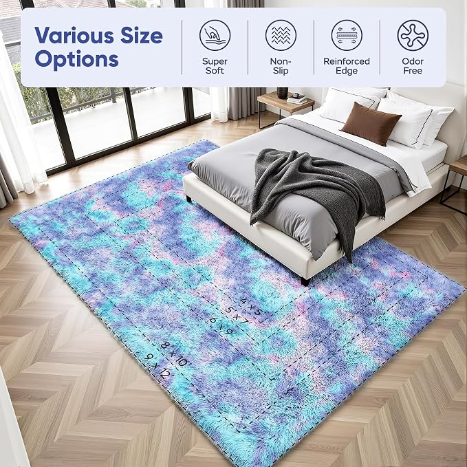 Rainbow Fluffy Rugs for Girls Bedroom: 9x12 Large Shag High Pile Area Rug Upgrade Non-Slip Plush Fuzzy Living Room Rug Shaggy Soft Indoor Floor Carpet Nursery Rugs for Kids Baby Toddler Home Decor