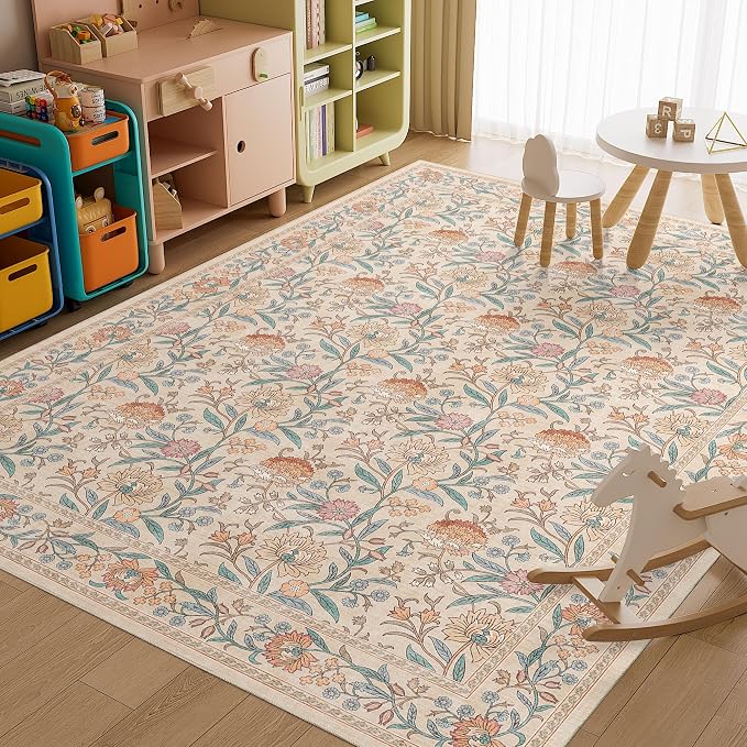 DUKINO 9x12 Area Rug for Living Room, Vintage Floral Washable Rug, Beige | Non Slip, Low Pile, Non-Shedding, Stain Resistant, Aesthetic Soft Indoor Large Carpet for Bedroom Dining Room Farmhouse