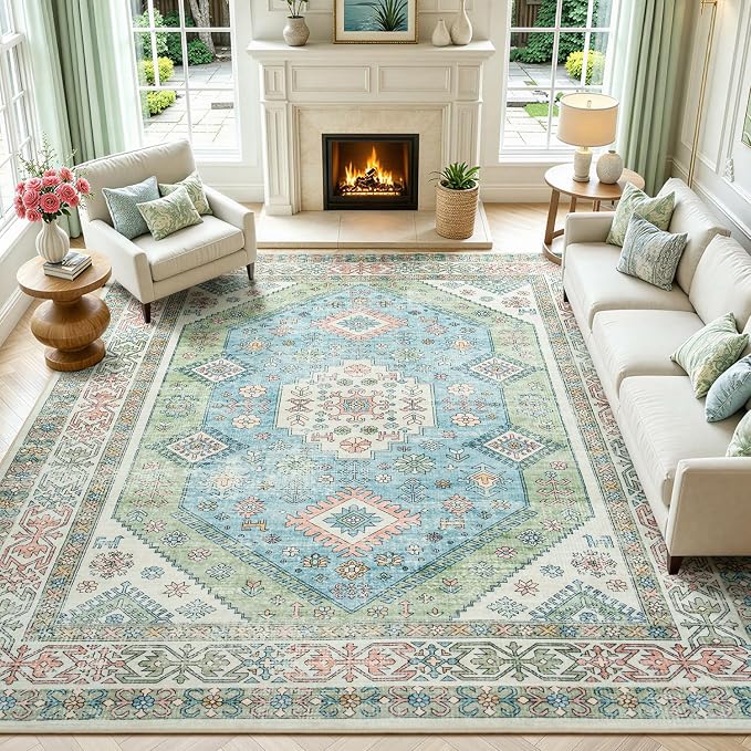 Lofus Vintage Living Room Rugs 8x10, Soft Machine Washable Area Rug for Bedroom Indoor Floor Home Office House Decor, Oriental Traditional Distressed Farmhouse Carpet, Boho Sage Green and Light Blue