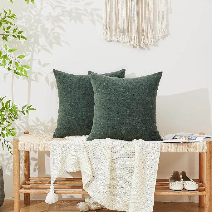 GAWAMAY Decorative Square Throw Pillow Covers 22"x22" Inch Set of 2, Super Soft Chenille Pillows Farmhouse Pillowcase for Living Room Bedroom Sofa Couch Cushion Cover Dark Green 55x55cm (No Insert)