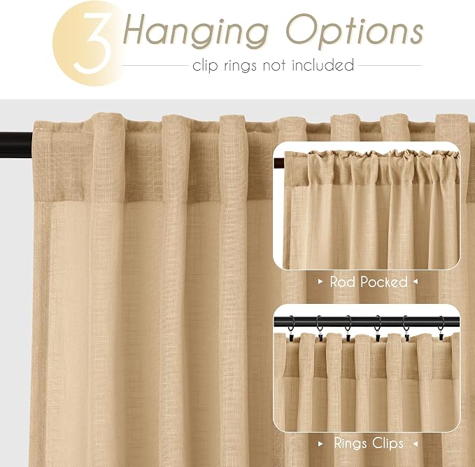 Tan Linen Curtains 84 inches Long for Living Room Back Tab Rustic Farmhouse Semi Sheer Light Filtering Window Curtain Dining Room Soft Thick Flax Linen Textured Drapes Kahki 52x84