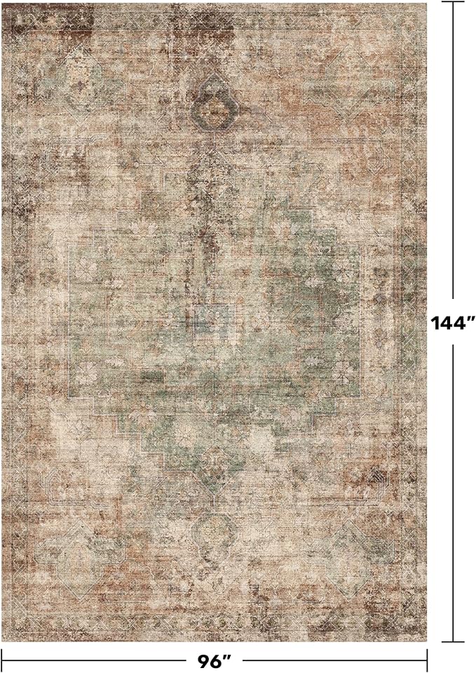 Hazo Haus Vintage Large Distressed Medallion Area Rug for Living Room – 8x12 Green Brown Washable Rug for Bedroom & Dining Room Under Table, Ultra-Thin Soft Non-Slip Lightweight Printed Design