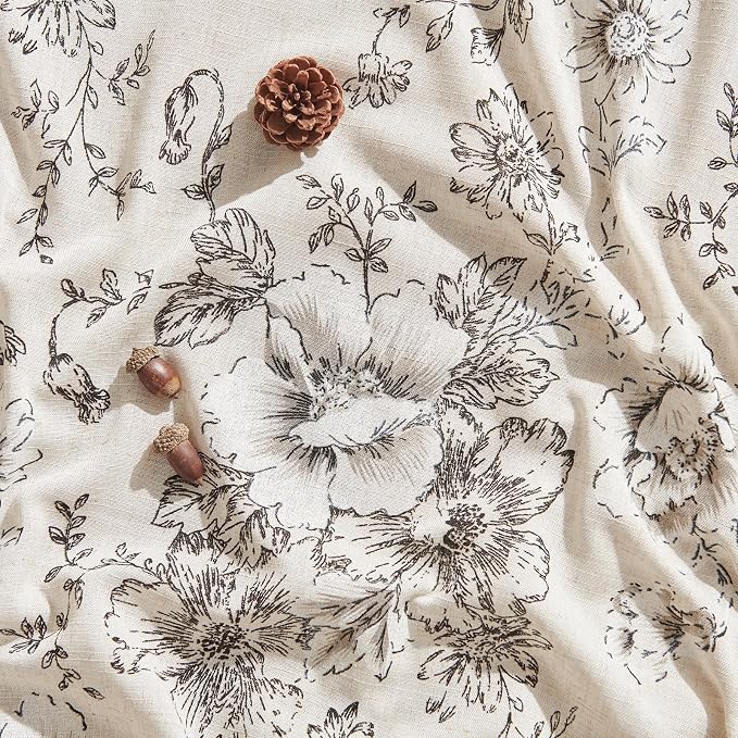 jinchan Black Floral Linen Curtains 45 Inch Vintage Back Tab 2 Panels | Light filtering drapes, semi sheer, farmhouse, cottagecore, rustic, living room, bedroom, rod pocket, window treatment