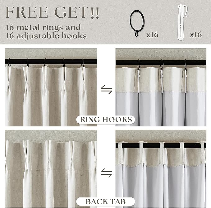 Blackout Linen Curtains 126 Inches Long Pinch Pleated 2 Panels Natural | Thermal Insulated 100% Black Out, Linen Drapes with Liner, Cream Ivory, for Living Room Bedroom Window Curtains 40x126