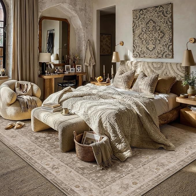 HUGEAR 8x10 Area Rug Taupe Machine Washable Rug Room Decor Vintage Distressed Living Room Rugs Non Slip Low Pile Soft Carpet for Bedroom Dining Room Office Soft Lightweight
