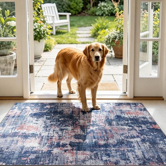 Sasttie 3x5 Area Rug for Entryway, Washable Modern Abstract Small Carpet for Living Room Bedroom Door-mat, Soft Entry Rug with Non-Slip Backing, Pink and Blue