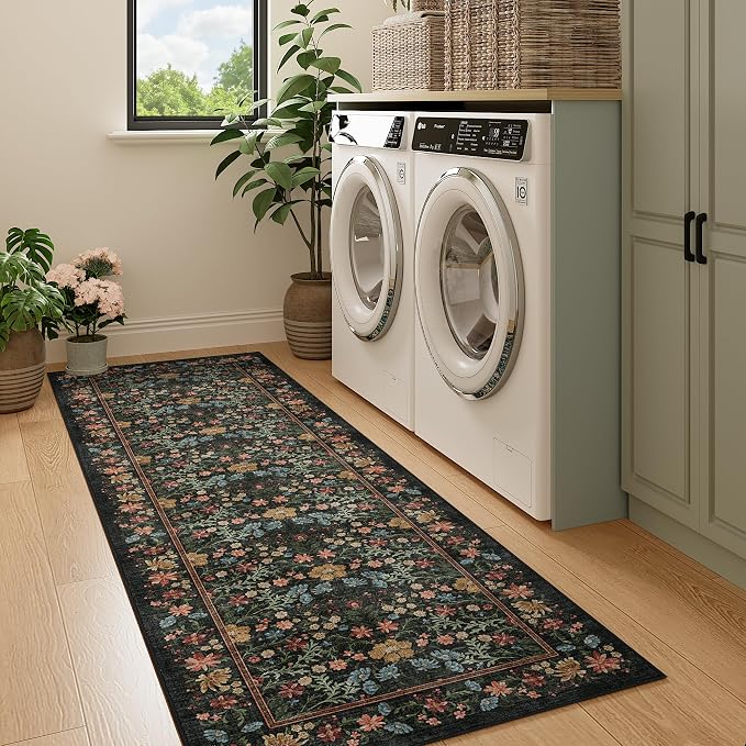 DUKINO 2x6 Runner Rug, Washable Vintage Floral Kitchen Rug, Black | Non Slip, Low Pile, Stain Resistant Boho Soft Throw Carpet Runner for Hallway Bathroom Laundry Bedroom Entryway, Non-Shedding