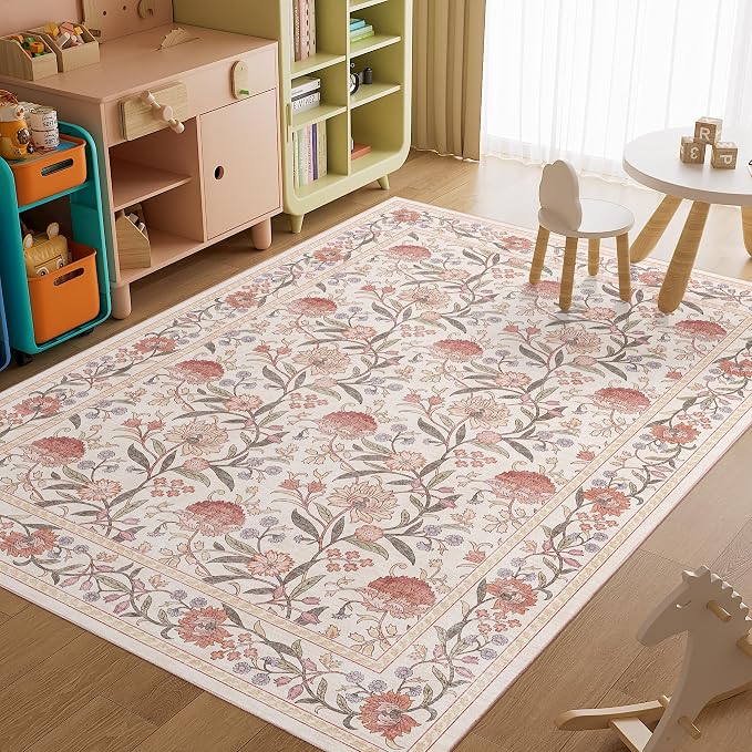 DUKINO 6x9 Area Rug Vintage Floral Washable Rugs for Living Room Beige Pink | Non Slip, Low Pile, Non-Shedding, Stain Resistant Soft Large Carpet for Bedroom Home Office Dining Room Farmhouse, Home Decor
