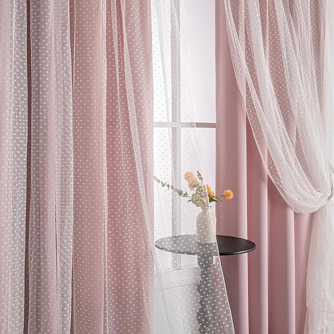 MYSKY HOME Pink Curtains for Girls Bedroom & Nursery Kids Blackout Blush Princess Curtains Double Layer with Polka Dots Sheer, Grommet Tops, 52x95 Inch, 2 Panels