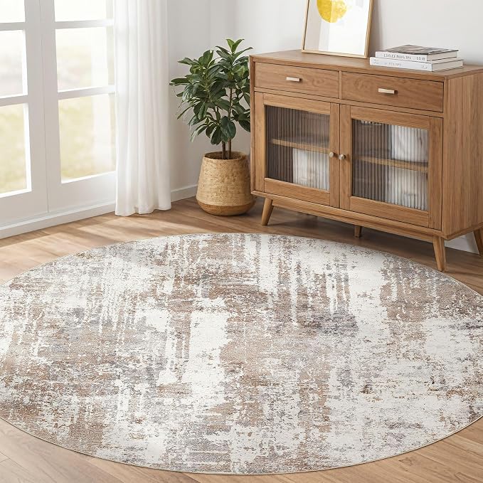 LOONGRUG Round Rug Living Room Rugs: 8Ft Washable Circle Large Abstract Modern Soft Stain Resistant Non Slip Indoor Floor Carpet for Bedroom Nursery Office Dining Room Dorm Home House Decor- Brown