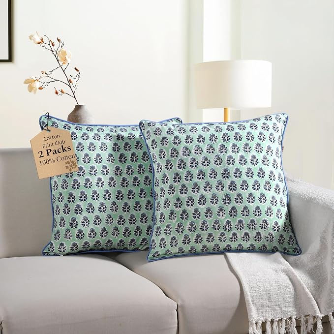 CPC 100% Cotton Throw Pillow Covers 18x18 Inch, Set of 2 Blue Block Print Pattern Couch Pillow, Cute Boho Decorative Pillows for Living Room, Bedroom with Hidden Zipper- Poppy Blue