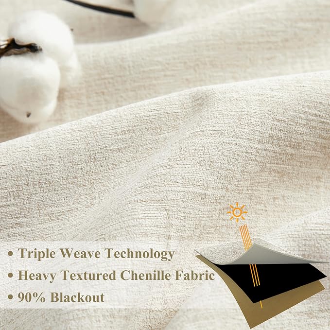 WEST LAKE 95 Inch Pinch Pleated 90% Blackout Curtain Panels for Bedroom | Beige Triple Weave Textured Heavy Chenille Room Darkening Drapes,Back Tabs Vintage Window Treatment,40"Wx95L,Pack of 2