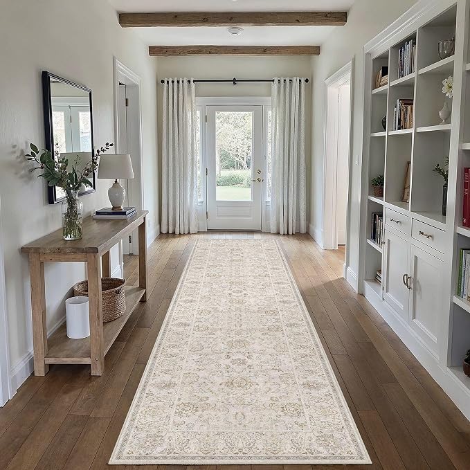 HUGEAR 2x8 Machine Washable Hallway Runner Rugs Vintage Grey - Neutral Non Slip Stain Resistant Low Pile Aesthetic Throw Carpet Kids & Pet Friendly for Bedroom Kitchen Entryway