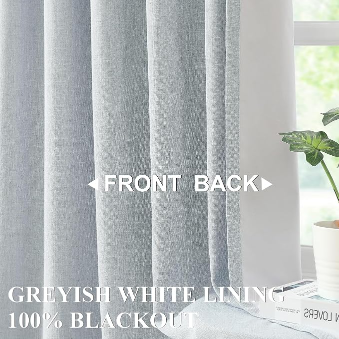 Vision Home Blue Gray Pinch Pleated Full Blackout Curtains Linen Blended Room Darkening Window Curtains 72 inch for Living Room Bedroom Thermal Insulated Pinch Pleat Drapes with Hooks 40" Wx72 Lx2
