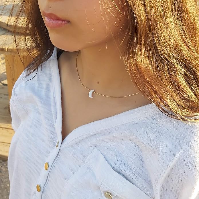 AVNIS White Opal Moon Necklace Crescent Moon Choker Jewelry, Dainty Box chain Length 16+2 Inches extender Gift for Girl Women