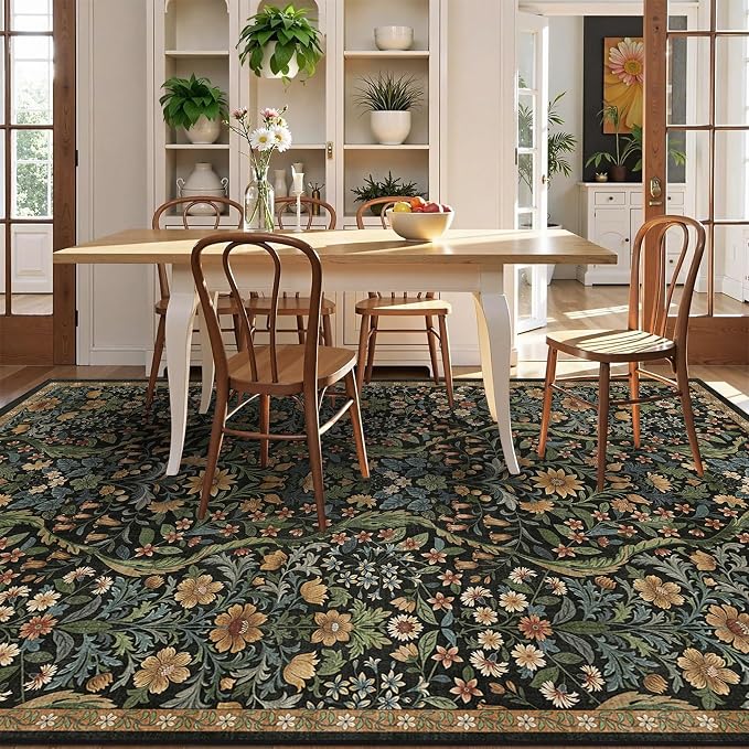 5×8 Area Rugs Black Brown Washable Floral Rug,Vintage Boho Soft Low-Pile Living Room Rugs, Stain Resistant Botanical Non-Slip Carpet for Bedroom,Dining Room, Kids Nursery,Home Decor