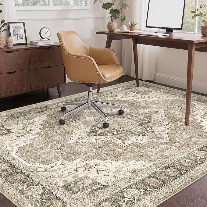 Roxstand Washable 3x5 Area Rug, Non Slip Rug for Entryway Brown/Beige | Low Pile Vintage Rug, Stain Resistant, Non-Shedding Design, Pet & Kid Friendly, Carpet for Living Room, Bedroom, Dining Room