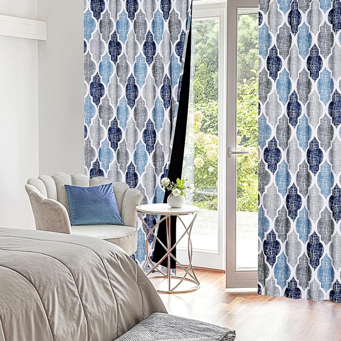 Beauoop Moroccan 100% Blackout Curtains Bedroom Blue Grey 50x63 2 Panels | Geometric Room Darkening Drapes for Living Room 63 Inch Long Thermal Insulated Soundproof Lattice Window Treatment Rod Pocket