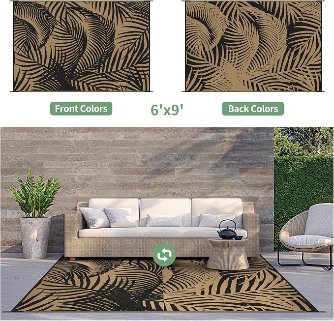 GENIMO Outdoor Rug, Waterproof Plastic Rugs for Patio, 6'x9' Ebony Brown | Outside Larger Leaf Carpet Mat for Porch Decor, Deck, Balcony, Camping, RV, Backyard, Picnic, Beach, Reversible, Foldable