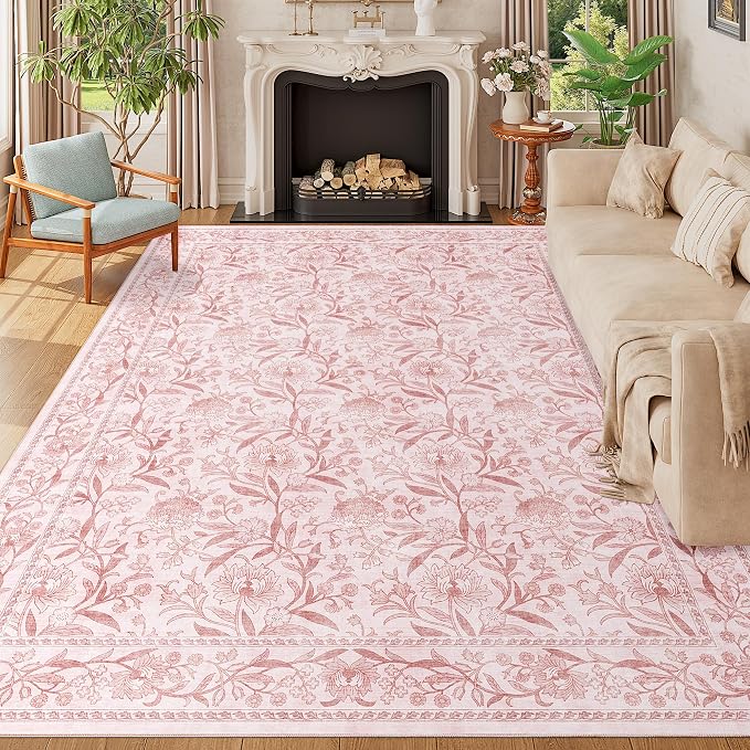 DUKINO 9x12 Area Rug for Living Room Vintage Floral Washable Rug Light Pink | Non Slip, Low Pile, Non-Shedding, Stain Resistant, Aesthetic Soft Indoor Large Carpet for Bedroom Dining Room Farmhouse