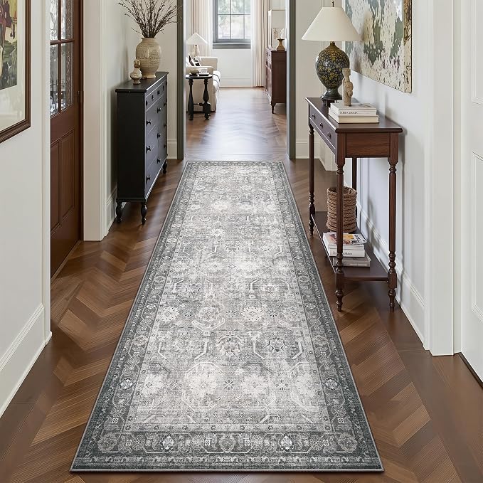 Runner Rug, Washable Non Slip Low Pile Kitchen Runner, Soft Boho Modern Rug for Hallways, Bedroom, 2'6"x 8, Distressed Grey