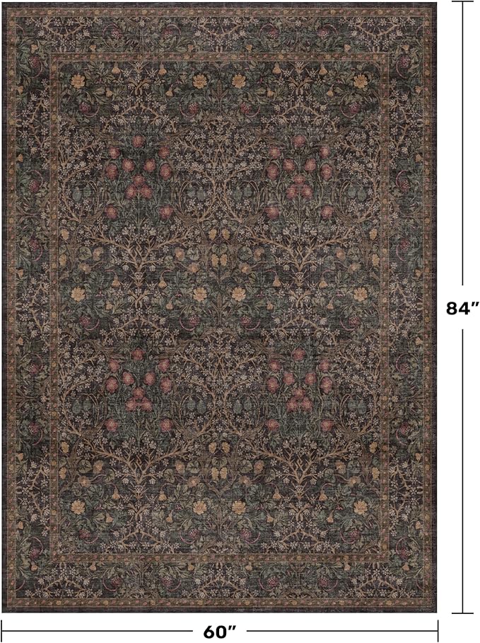 Dark Brown Washable 5x7 Area Rugs for Living Room, Entryway, Non-Slip Soft Rugs for Bedroom, Dining Room, Home Office, Black Brown Floral Vintage Cottage Indoor Carpet Décor, Low Pile Stain Resistant