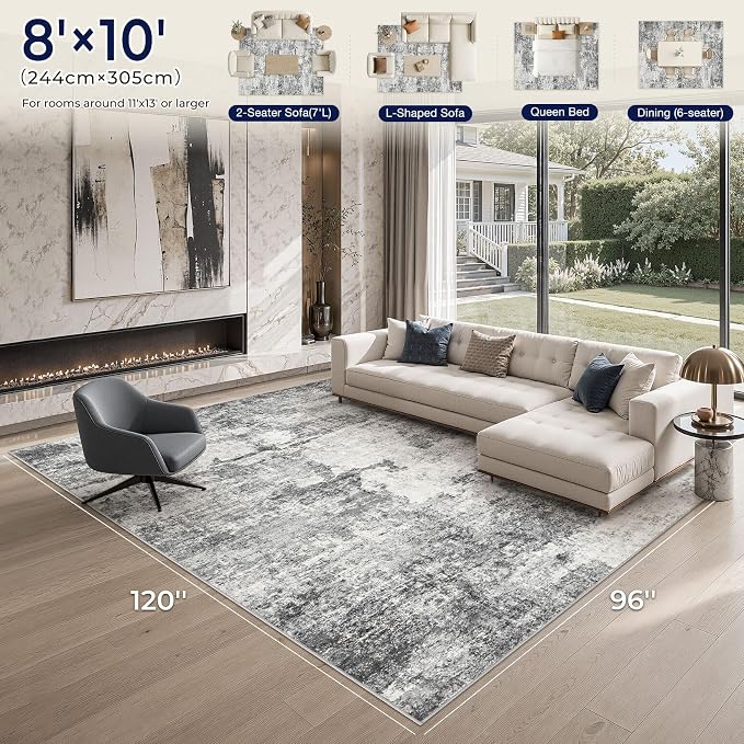 DMOYEST 8x10 Area Rug for Living Room, Washable & Non Slip Large Indoor Carpet, Kid & Pet Friendly Soft Thin Low Pile Abstract Rug for Bedroom and Office - Grey
