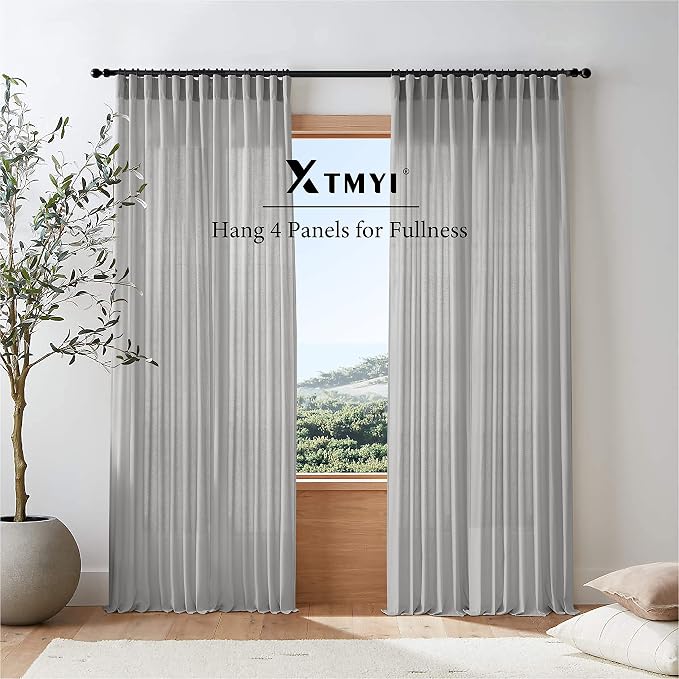 XTMYI Grey 63 Inch Length 2 Panels Back Tab/Hook Belt Linen Cotton Sheer Curtains for Bedroom,50 Inch Wide