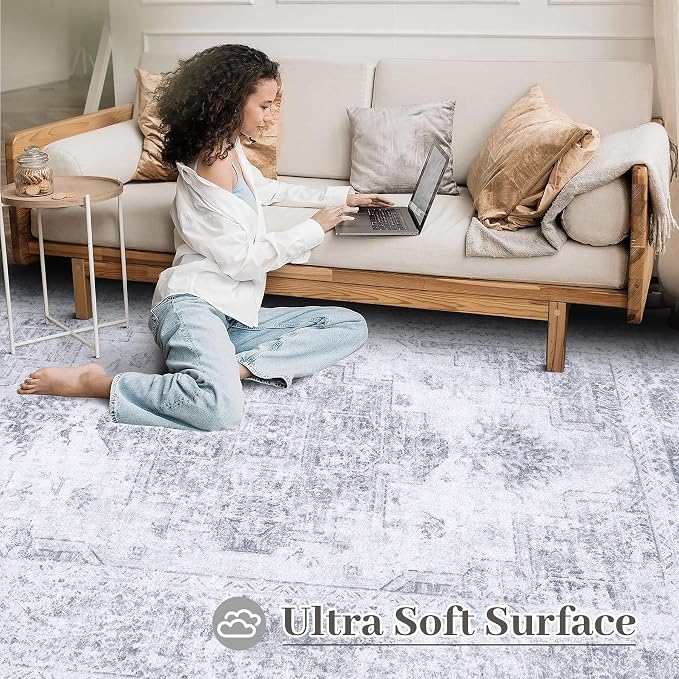 XLUEZ Area Rug 5x7 Living Room Rug, Machine Washable Vintage Distressed Medallion Rug Non-Slip Soft Low Pile Large Indoor Rugs for Bedroom Kitchen Dining Room Office(LightGrey,5'x7')