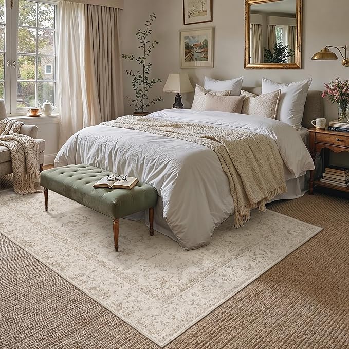 6x9 Beige Neutral Living Room Area Rug | Washable, Low Pile, Accent, Vintage, Soft, Non Slip, Carpet for Bedroom Dining Room Nursery Office Indoor Home Decor