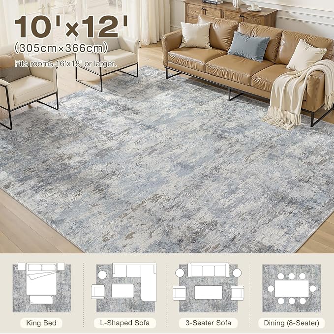 10x12 Large Area Rugs for Living Room, Washable Soft High-Low Pile | Neutral Modern Abstract Carpet, Non Slip Lightweight Made for Dining Room, Nursery, Home Office Indoor Decor - Blue Gray