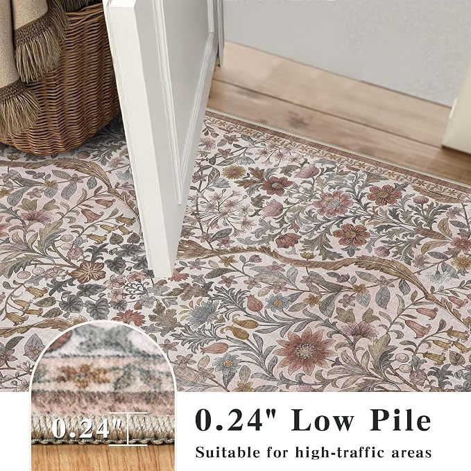 8x10 Washable Area Rug for Living Room, Large Vintage Khaki Beige Floral Rugs, Soft Non-Slip Stain Resistant Boho Lightweight Carpet for Bedroom Dining Room Nursery Home Office