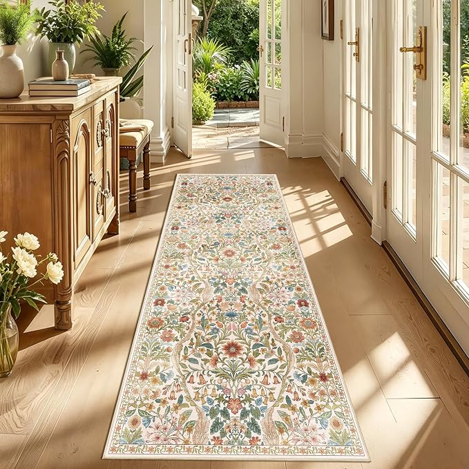 3x7 Washable Runner Rug,Beige Floral Boho Area Rug for Hallway,Low-Pile Non-Slip Stain Resistant Carpet for Kitchen, Bedside,Laundry Room,Entryway